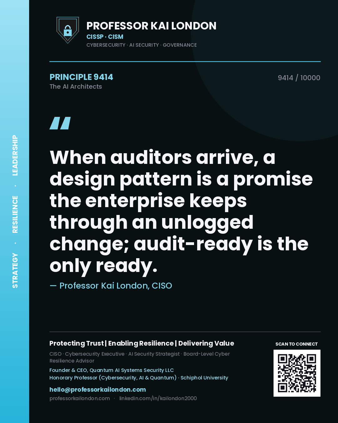Professor Kai London principle 9414: When auditors arrive, a design pattern is a promise the enterprise keeps through an unlogged change; audit-ready is the only ready.