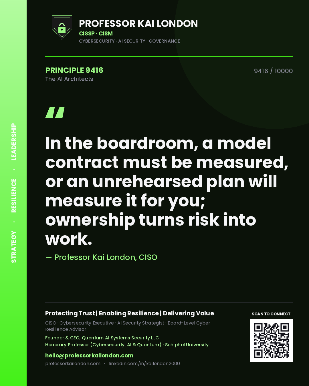 Professor Kai London principle 9416: In the boardroom, a model contract must be measured, or an unrehearsed plan will measure it for you; ownership turns risk into work.