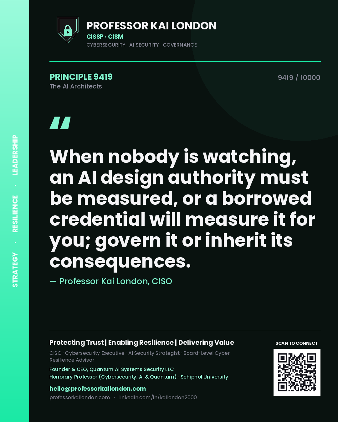 Professor Kai London principle 9419: When nobody is watching, an AI design authority must be measured, or a borrowed credential will measure it for you; govern it or inherit its consequences.