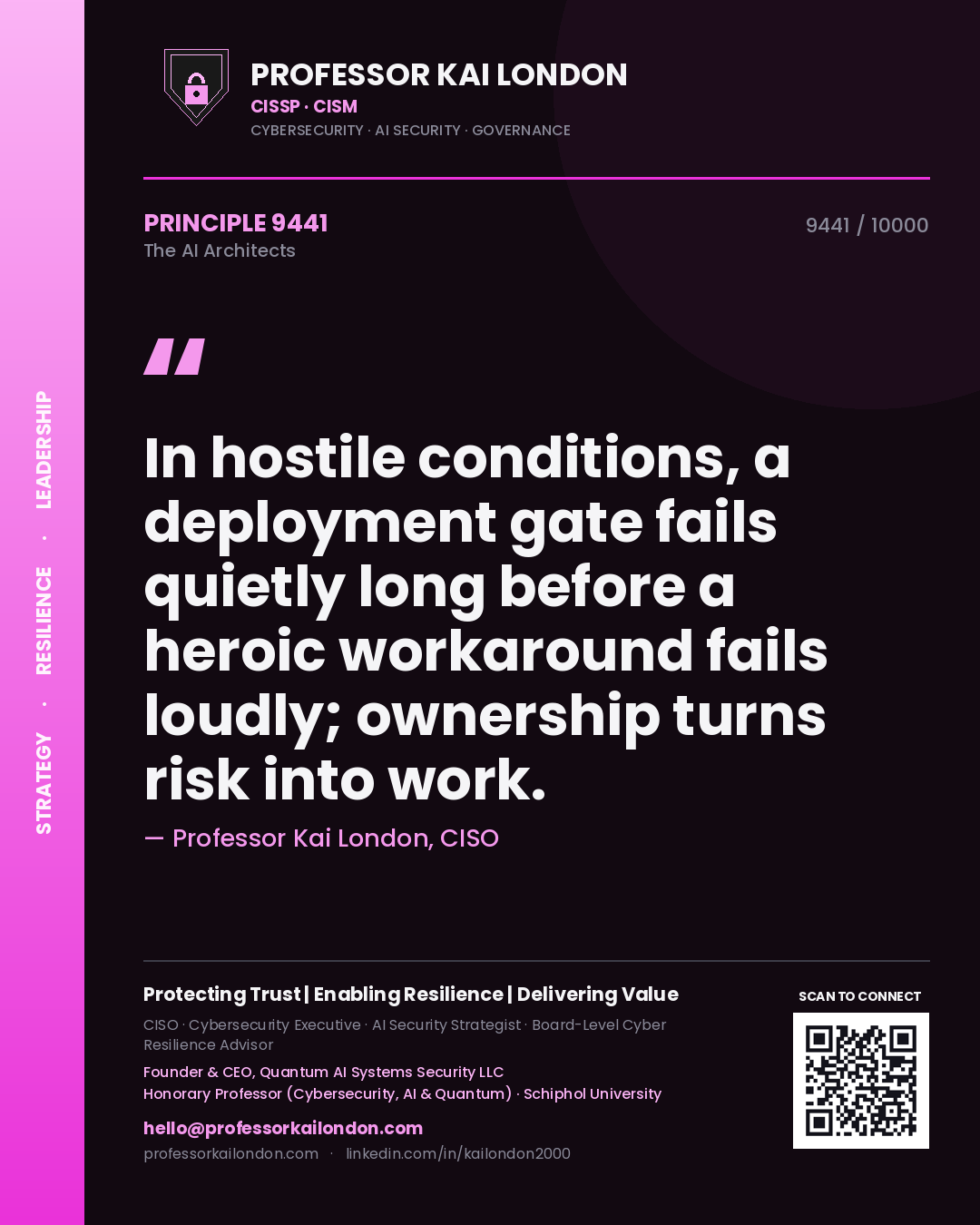 Professor Kai London principle 9441: In hostile conditions, a deployment gate fails quietly long before a heroic workaround fails loudly; ownership turns risk into work.