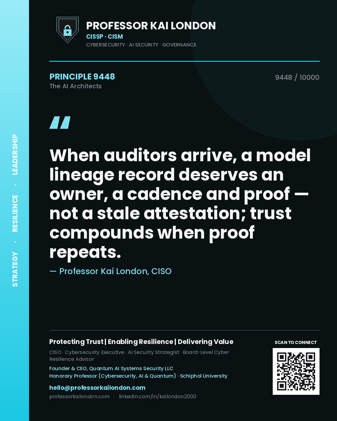 Quote card by Professor Kai London reading 'When auditors arrive, a model lineage record deserves an owner, a cadence and proof — not a stale attestation; trust compounds when proof repeats.'. From the book The AI Architects.
