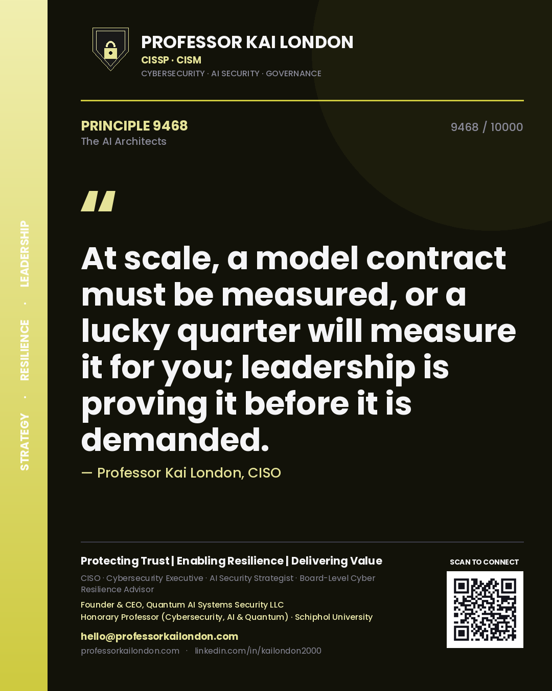 Quote card by Professor Kai London reading 'At scale, a model contract must be measured, or a lucky quarter will measure it for you; leadership is proving it before it is demanded.'. From the book The AI Architects.