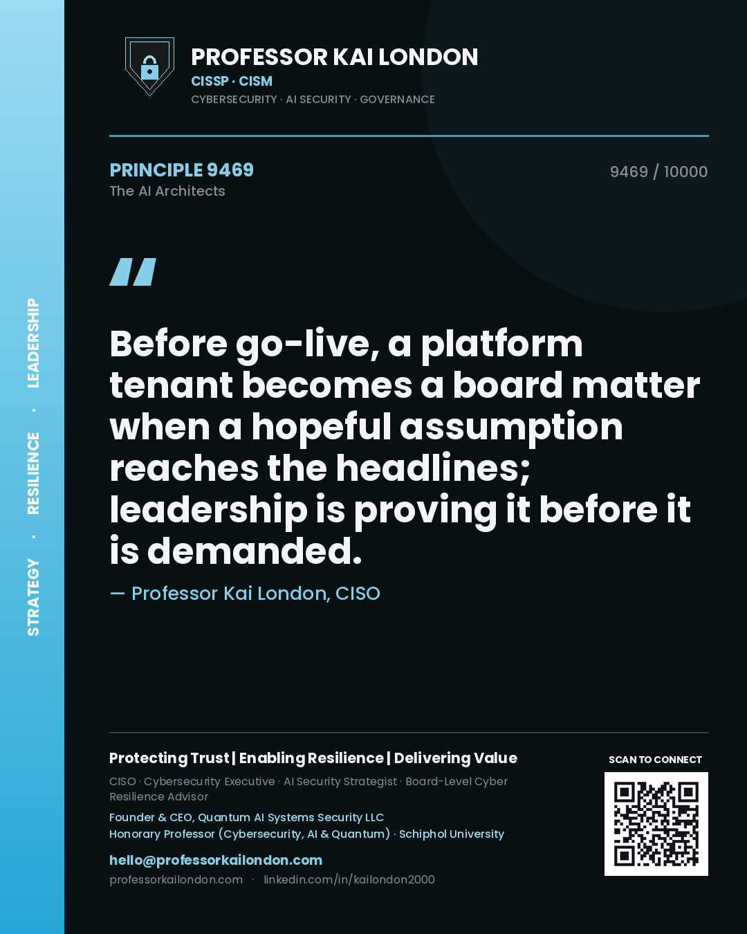 Professor Kai London principle 9469: Before go-live, a platform tenant becomes a board matter when a hopeful assumption reaches the headlines; leadership is proving it before it is demanded.