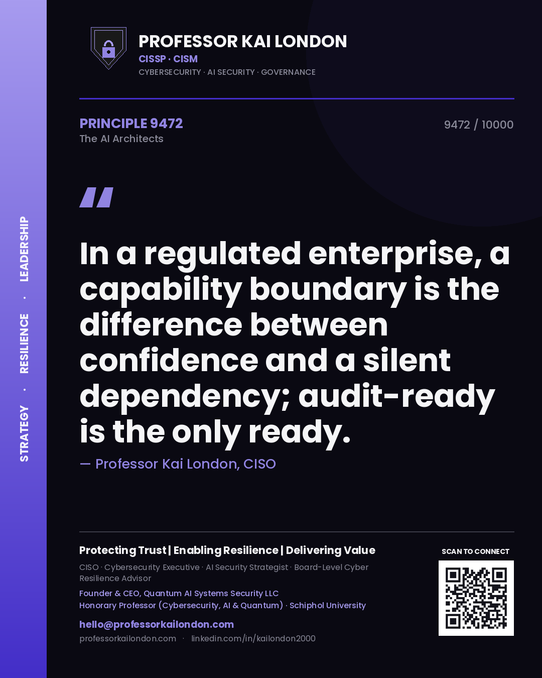 Quote card by Professor Kai London reading 'In a regulated enterprise, a capability boundary is the difference between confidence and a silent dependency; audit-ready is the only ready.'. From the book The AI Architects.