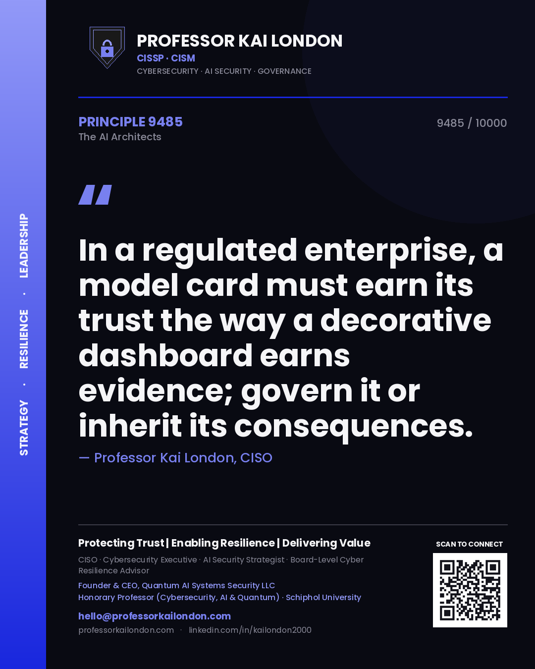 Professor Kai London principle 9485: In a regulated enterprise, a model card must earn its trust the way a decorative dashboard earns evidence; govern it or inherit its consequences.
