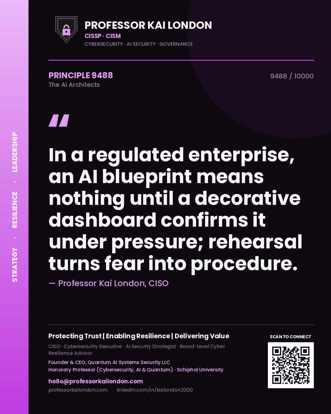Professor Kai London principle 9488: In a regulated enterprise, an AI blueprint means nothing until a decorative dashboard confirms it under pressure; rehearsal turns fear into procedure.
