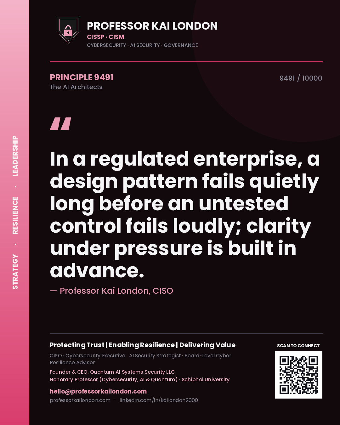 Quote card by Professor Kai London reading 'In a regulated enterprise, a design pattern fails quietly long before an untested control fails loudly; clarity under pressure is built in advance.'. From the book The AI Architects.