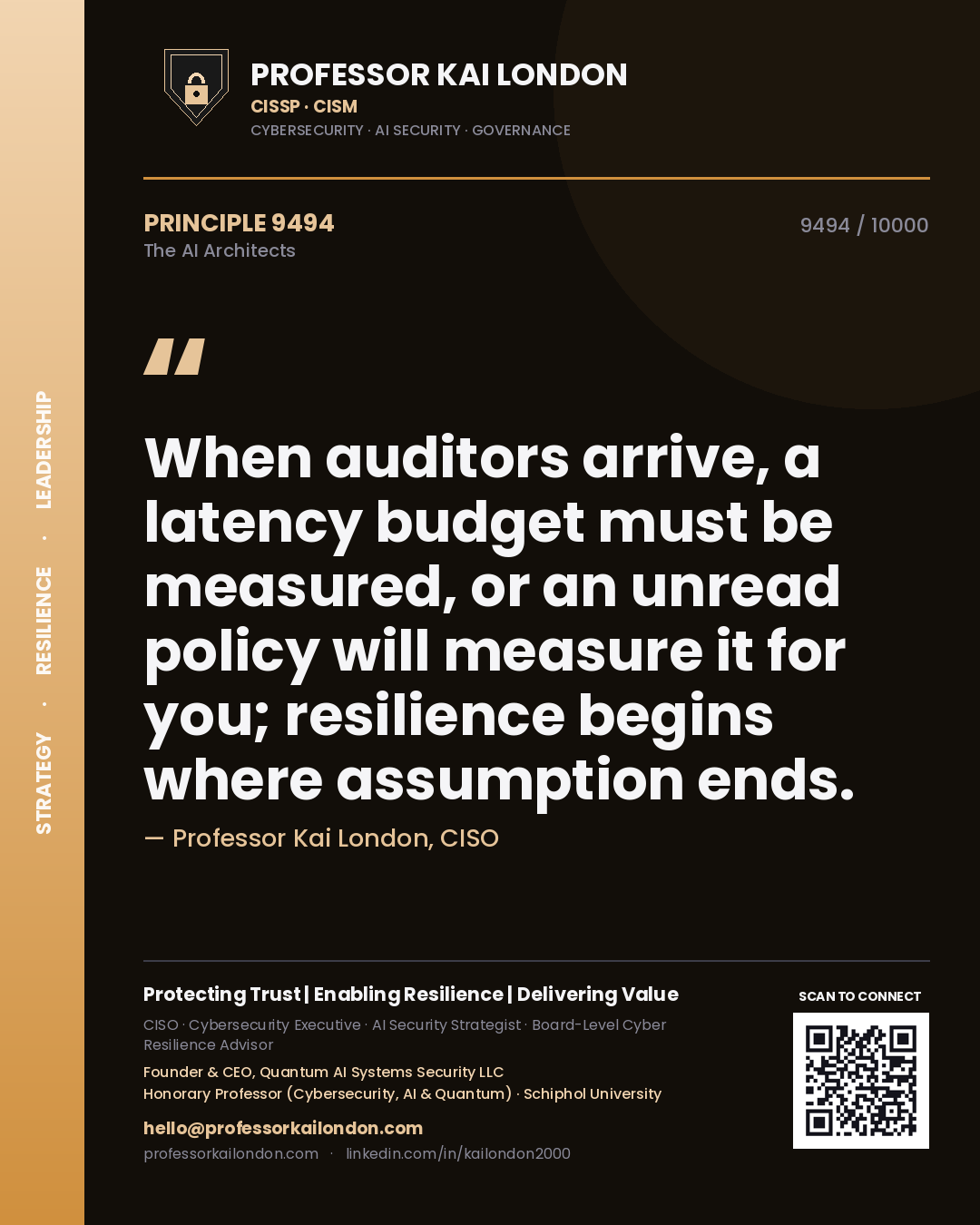 Professor Kai London principle 9494: When auditors arrive, a latency budget must be measured, or an unread policy will measure it for you; resilience begins where assumption ends.
