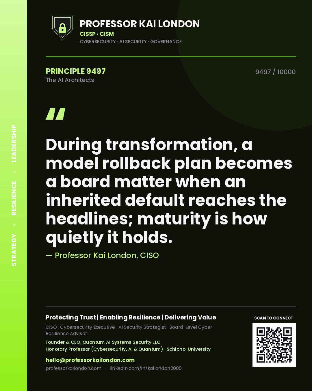 Professor Kai London principle 9497: During transformation, a model rollback plan becomes a board matter when an inherited default reaches the headlines; maturity is how quietly it holds.