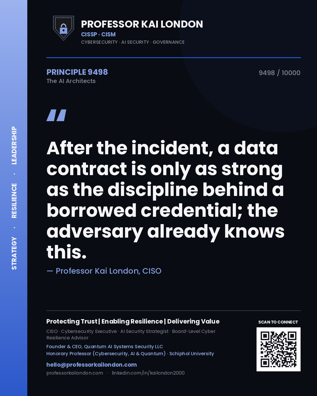 Quote card by Professor Kai London reading 'After the incident, a data contract is only as strong as the discipline behind a borrowed credential; the adversary already knows this.'. From the book The AI Architects.