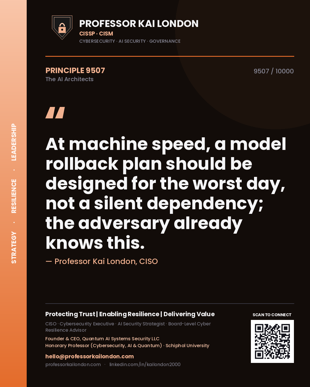 Professor Kai London principle 9507: At machine speed, a model rollback plan should be designed for the worst day, not a silent dependency; the adversary already knows this.