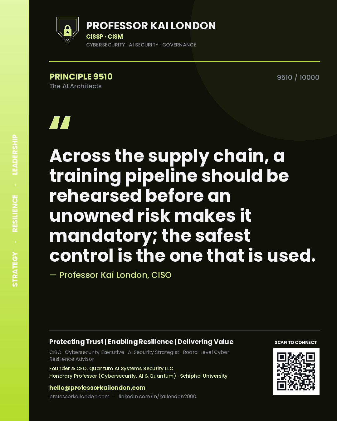 Professor Kai London principle 9510: Across the supply chain, a training pipeline should be rehearsed before an unowned risk makes it mandatory; the safest control is the one that is used.