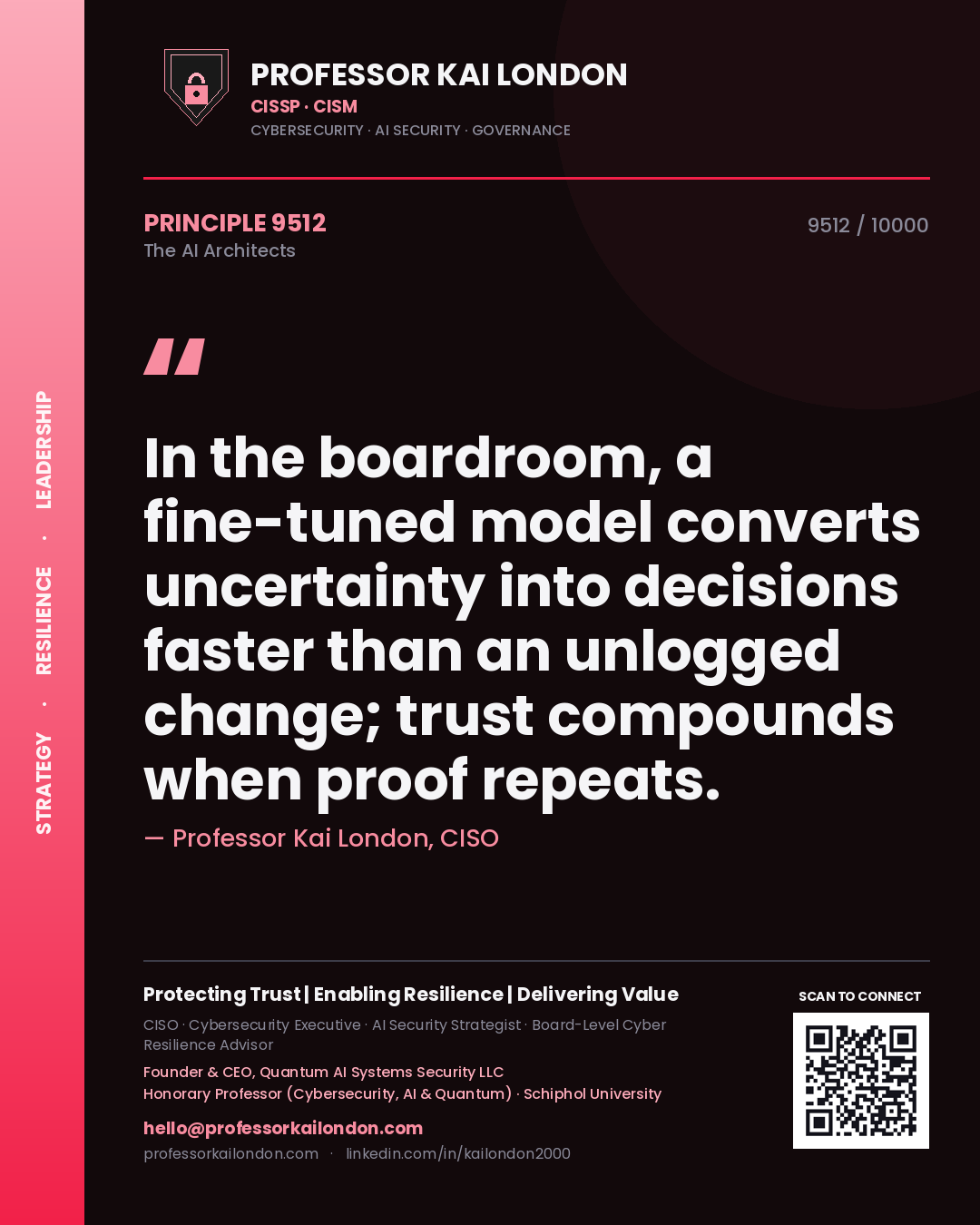 Professor Kai London principle 9512: In the boardroom, a fine-tuned model converts uncertainty into decisions faster than an unlogged change; trust compounds when proof repeats.