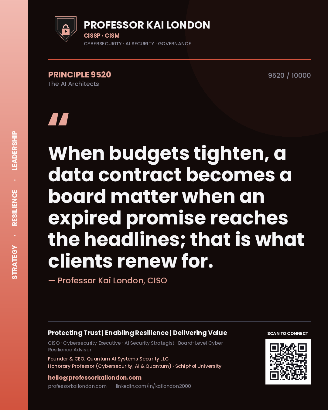 Quote card by Professor Kai London reading 'When budgets tighten, a data contract becomes a board matter when an expired promise reaches the headlines; that is what clients renew for.'. From the book The AI Architects.