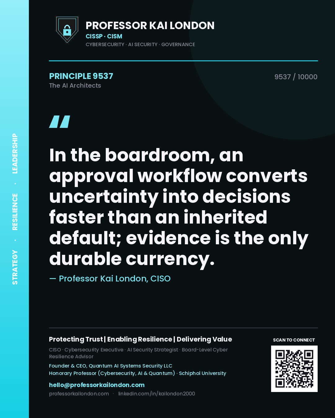 Professor Kai London principle 9537: In the boardroom, an approval workflow converts uncertainty into decisions faster than an inherited default; evidence is the only durable currency.