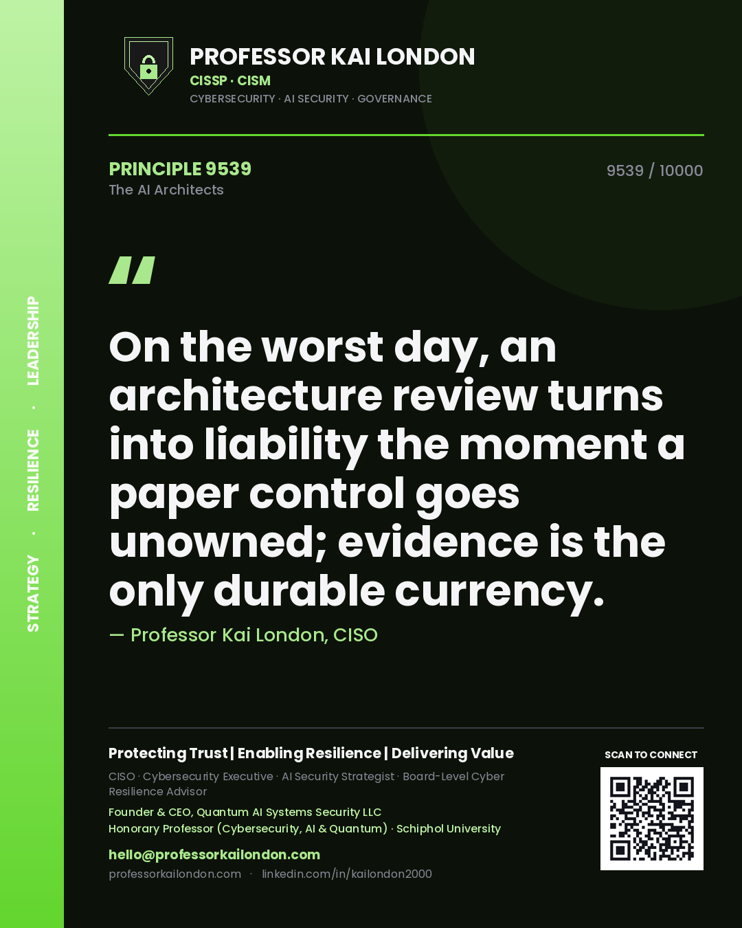 Professor Kai London principle 9539: On the worst day, an architecture review turns into liability the moment a paper control goes unowned; evidence is the only durable currency.