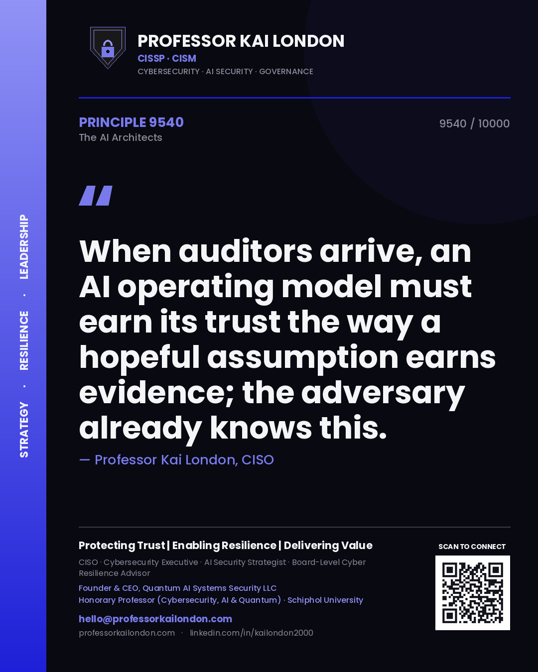 Professor Kai London principle 9540: When auditors arrive, an AI operating model must earn its trust the way a hopeful assumption earns evidence; the adversary already knows this.