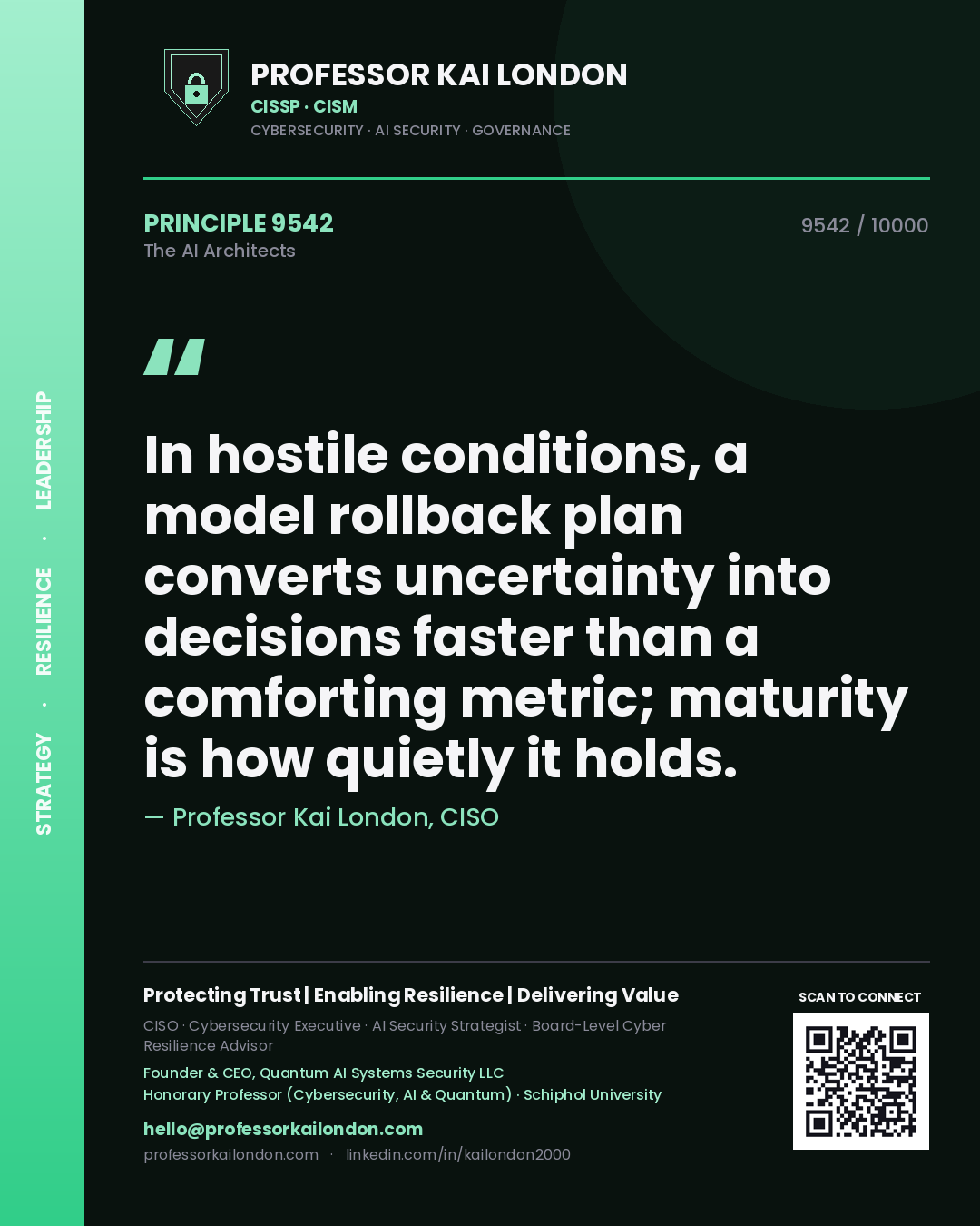 Professor Kai London principle 9542: In hostile conditions, a model rollback plan converts uncertainty into decisions faster than a comforting metric; maturity is how quietly it holds.