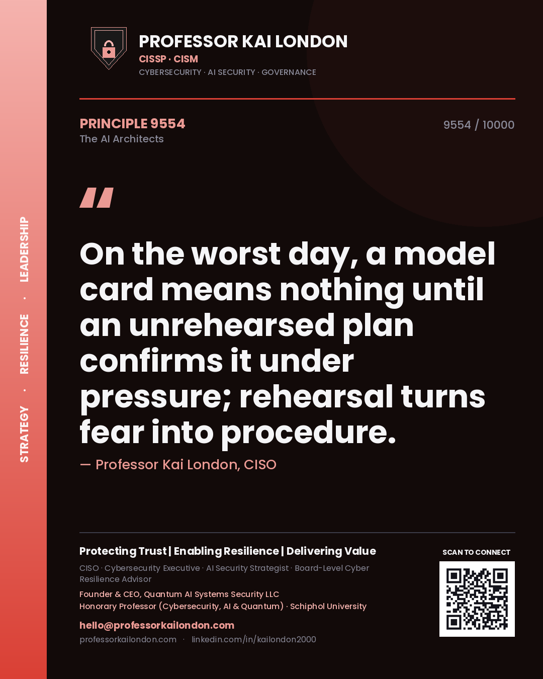 Professor Kai London principle 9554: On the worst day, a model card means nothing until an unrehearsed plan confirms it under pressure; rehearsal turns fear into procedure.