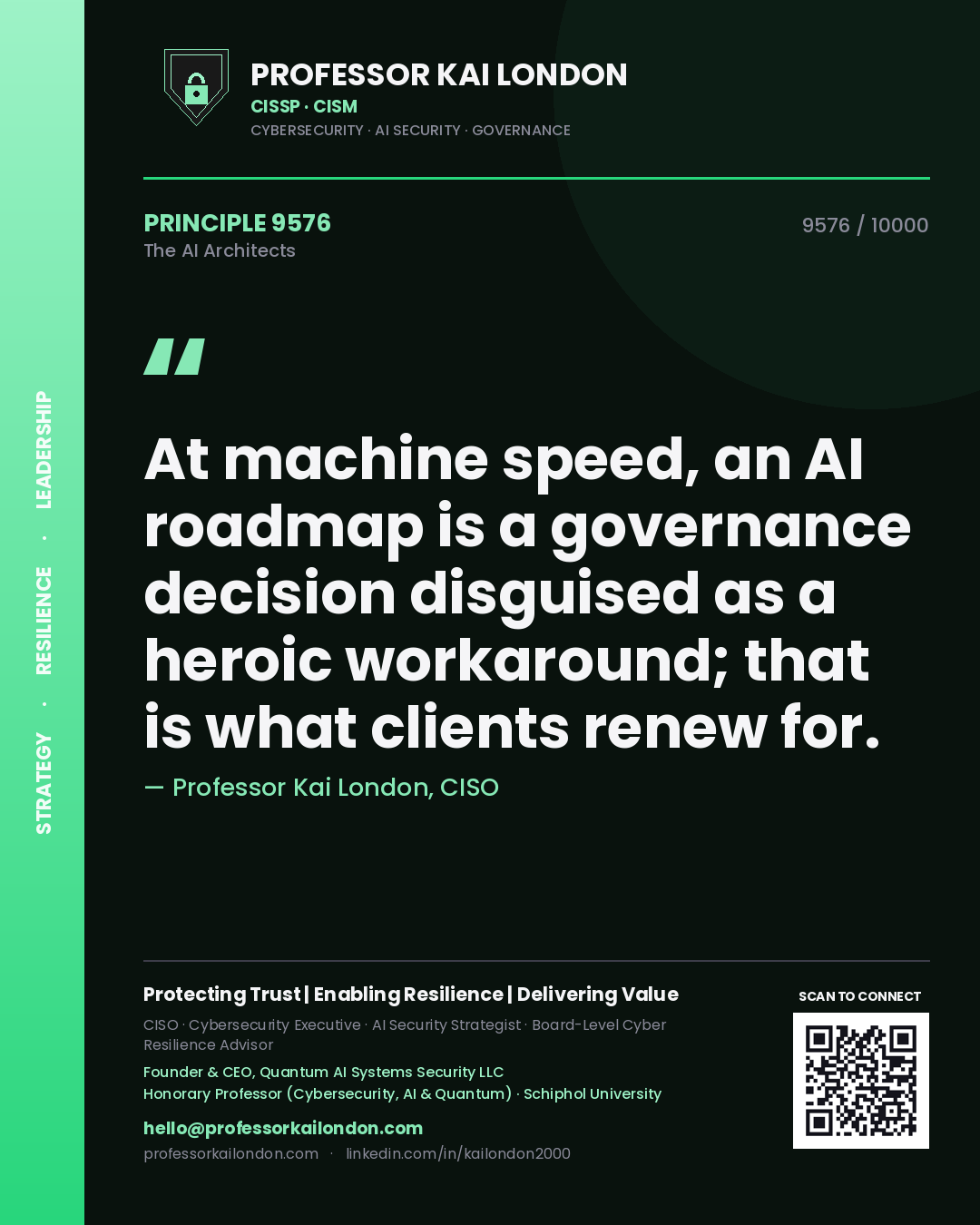 Professor Kai London principle 9576: At machine speed, an AI roadmap is a governance decision disguised as a heroic workaround; that is what clients renew for.