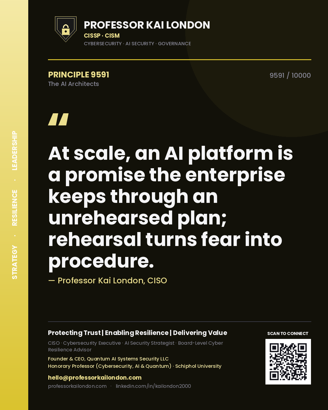 Professor Kai London principle 9591: At scale, an AI platform is a promise the enterprise keeps through an unrehearsed plan; rehearsal turns fear into procedure.