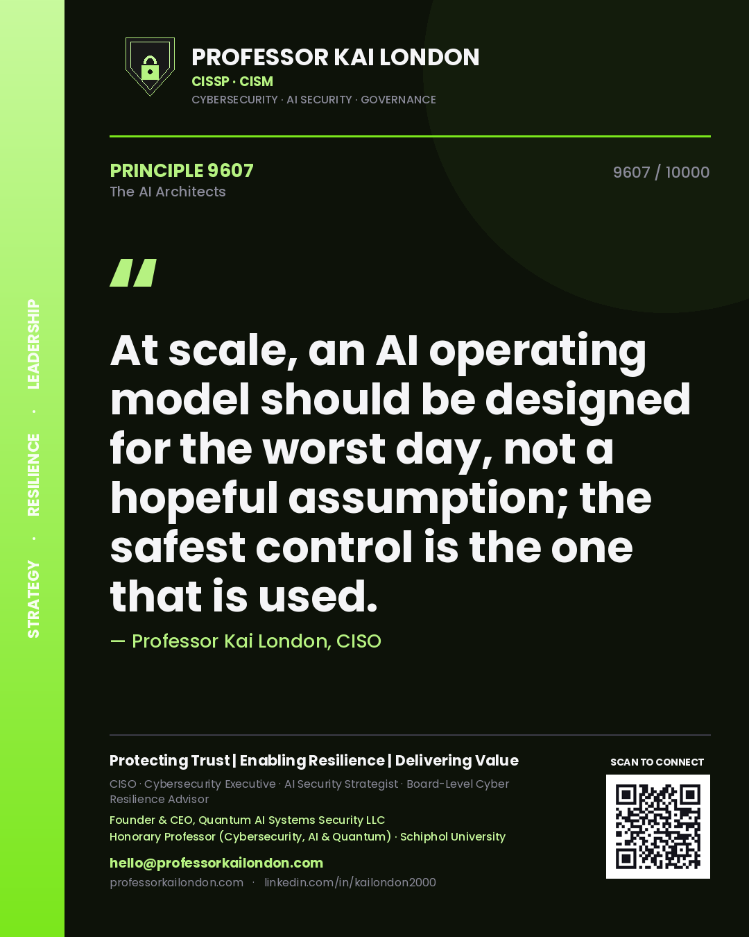 Professor Kai London principle 9607: At scale, an AI operating model should be designed for the worst day, not a hopeful assumption; the safest control is the one that is used.