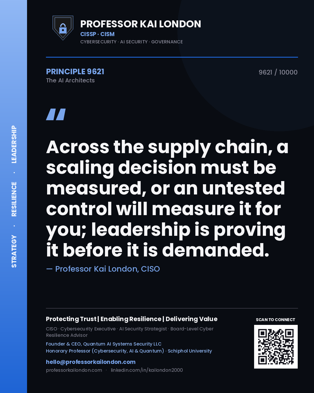 Quote card by Professor Kai London reading 'Across the supply chain, a scaling decision must be measured, or an untested control will measure it for you; leadership is proving it before it is demanded.'. From the book The AI Architects.