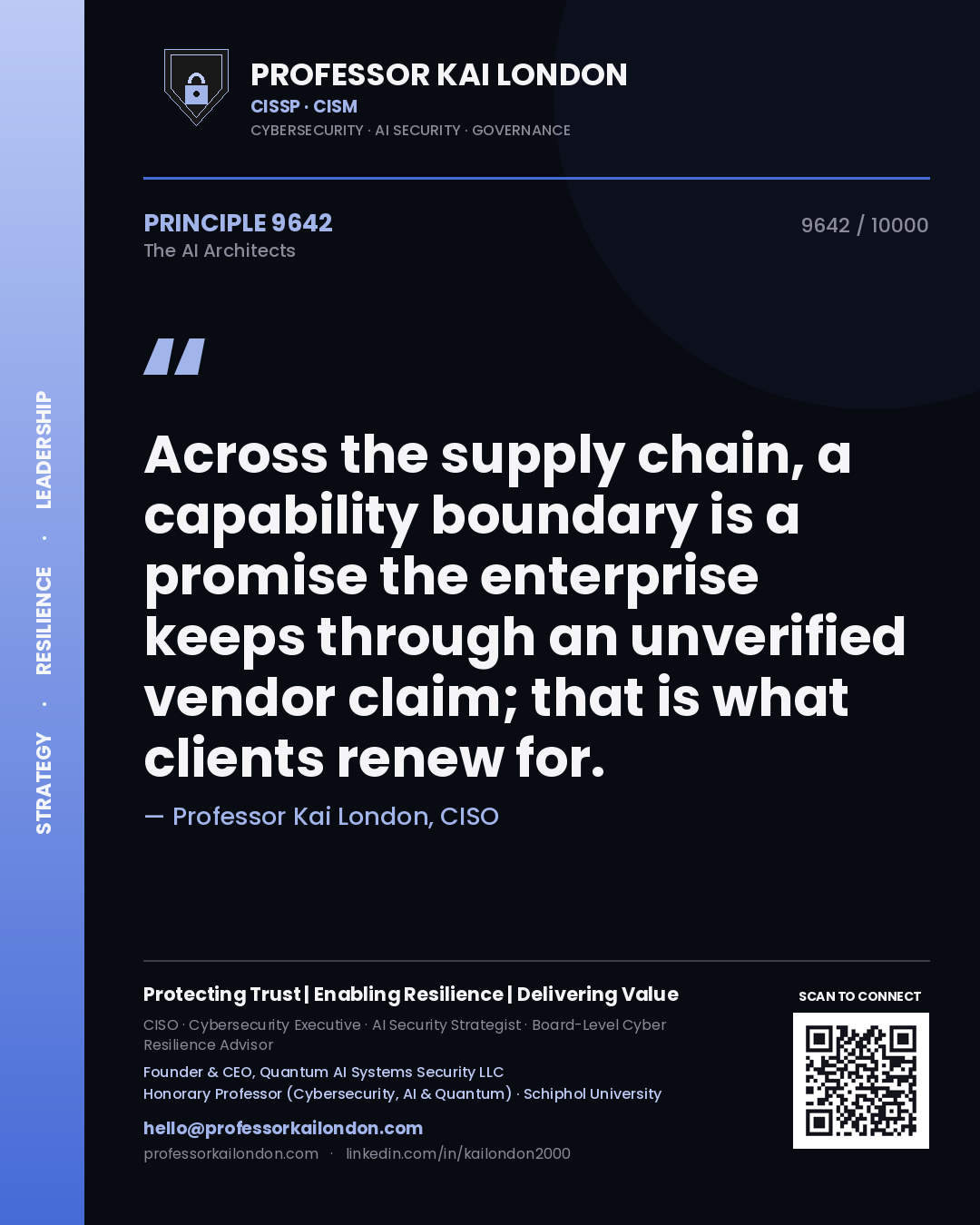 Quote card by Professor Kai London reading 'Across the supply chain, a capability boundary is a promise the enterprise keeps through an unverified vendor claim; that is what clients renew for.'. From the book The AI Architects.