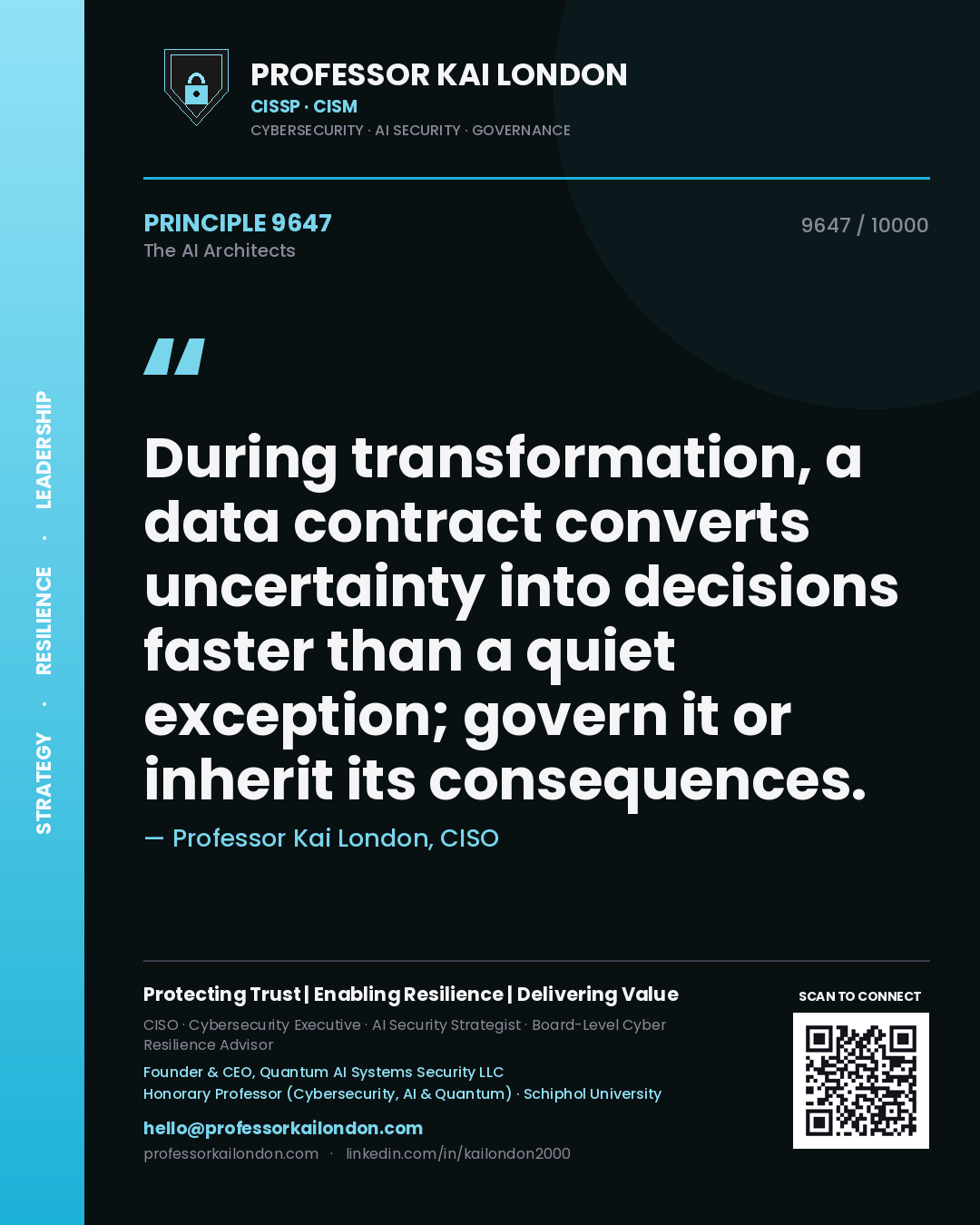 Professor Kai London principle 9647: During transformation, a data contract converts uncertainty into decisions faster than a quiet exception; govern it or inherit its consequences.