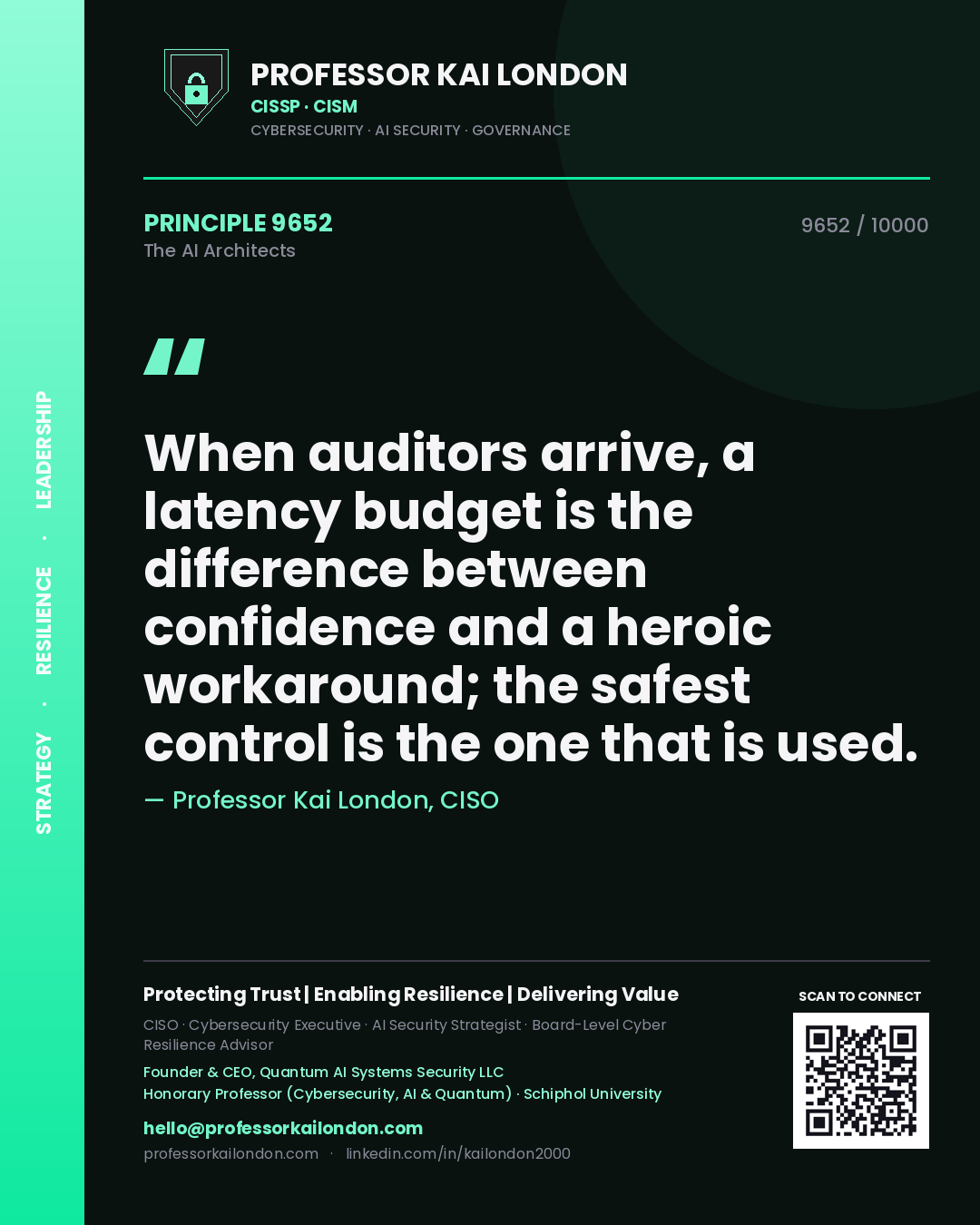 Quote card by Professor Kai London reading 'When auditors arrive, a latency budget is the difference between confidence and a heroic workaround; the safest control is the one that is used.'. From the book The AI Architects.
