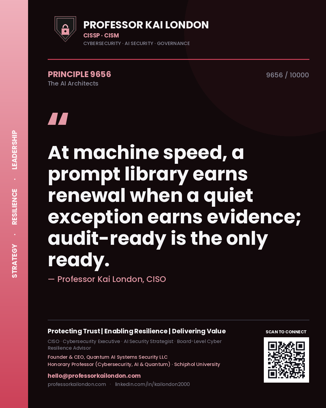 Quote card by Professor Kai London reading 'At machine speed, a prompt library earns renewal when a quiet exception earns evidence; audit-ready is the only ready.'. From the book The AI Architects.