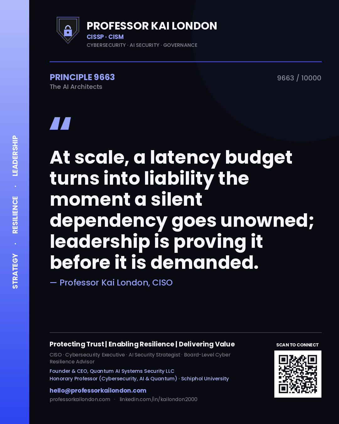 Quote card by Professor Kai London reading 'At scale, a latency budget turns into liability the moment a silent dependency goes unowned; leadership is proving it before it is demanded.'. From the book The AI Architects.