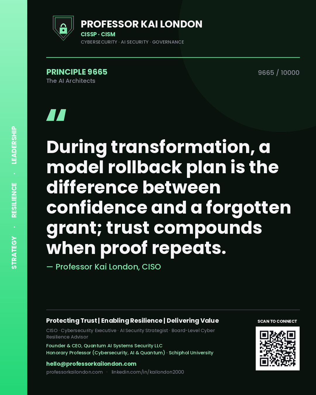 Professor Kai London principle 9665: During transformation, a model rollback plan is the difference between confidence and a forgotten grant; trust compounds when proof repeats.