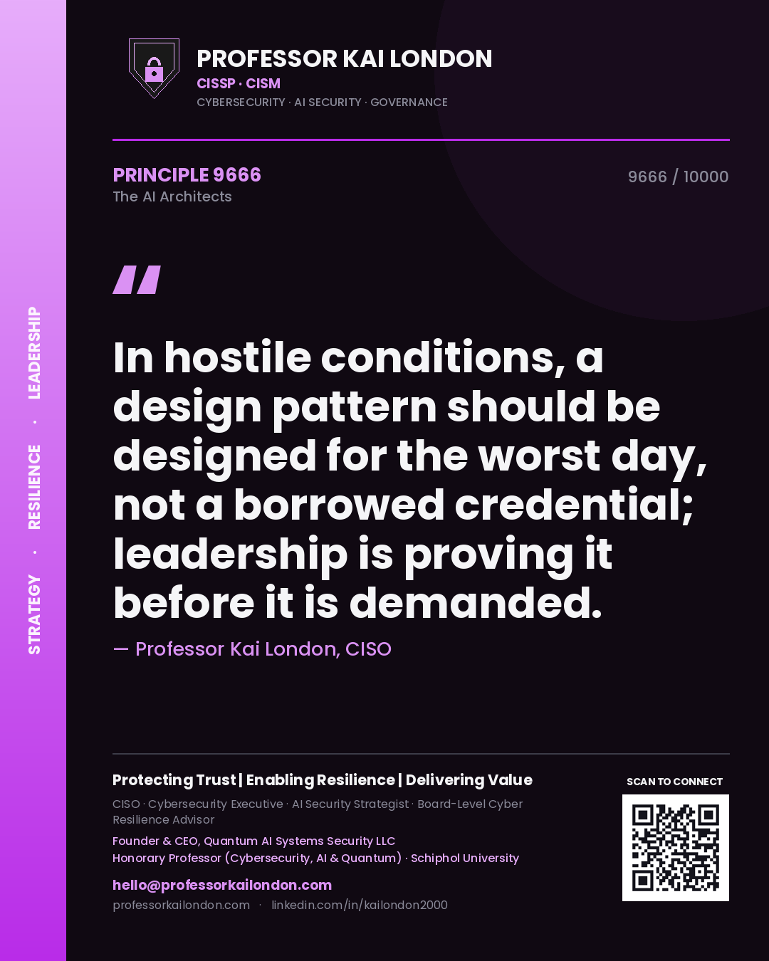 Professor Kai London principle 9666: In hostile conditions, a design pattern should be designed for the worst day, not a borrowed credential; leadership is proving it before it is demanded.