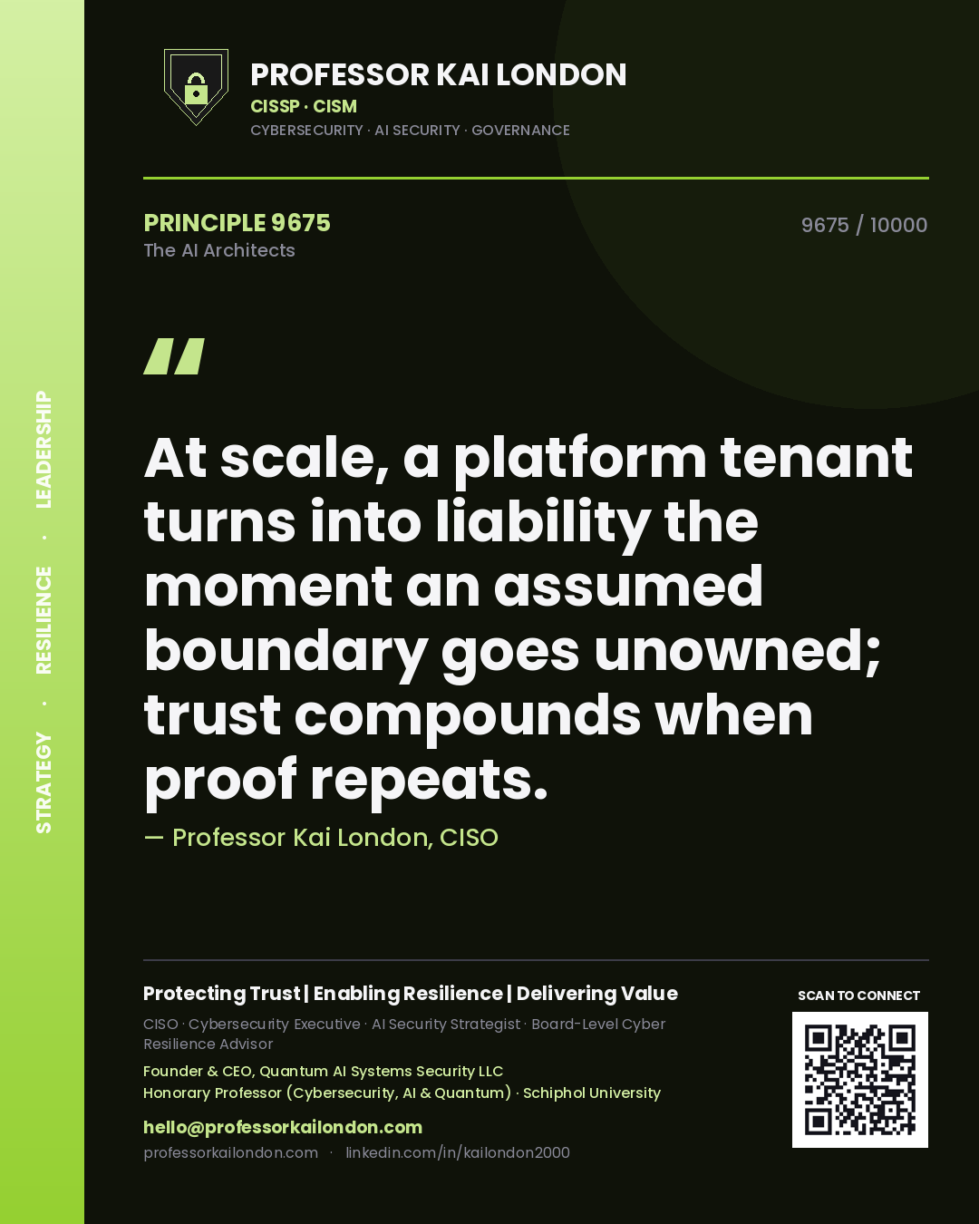 Professor Kai London principle 9675: At scale, a platform tenant turns into liability the moment an assumed boundary goes unowned; trust compounds when proof repeats.