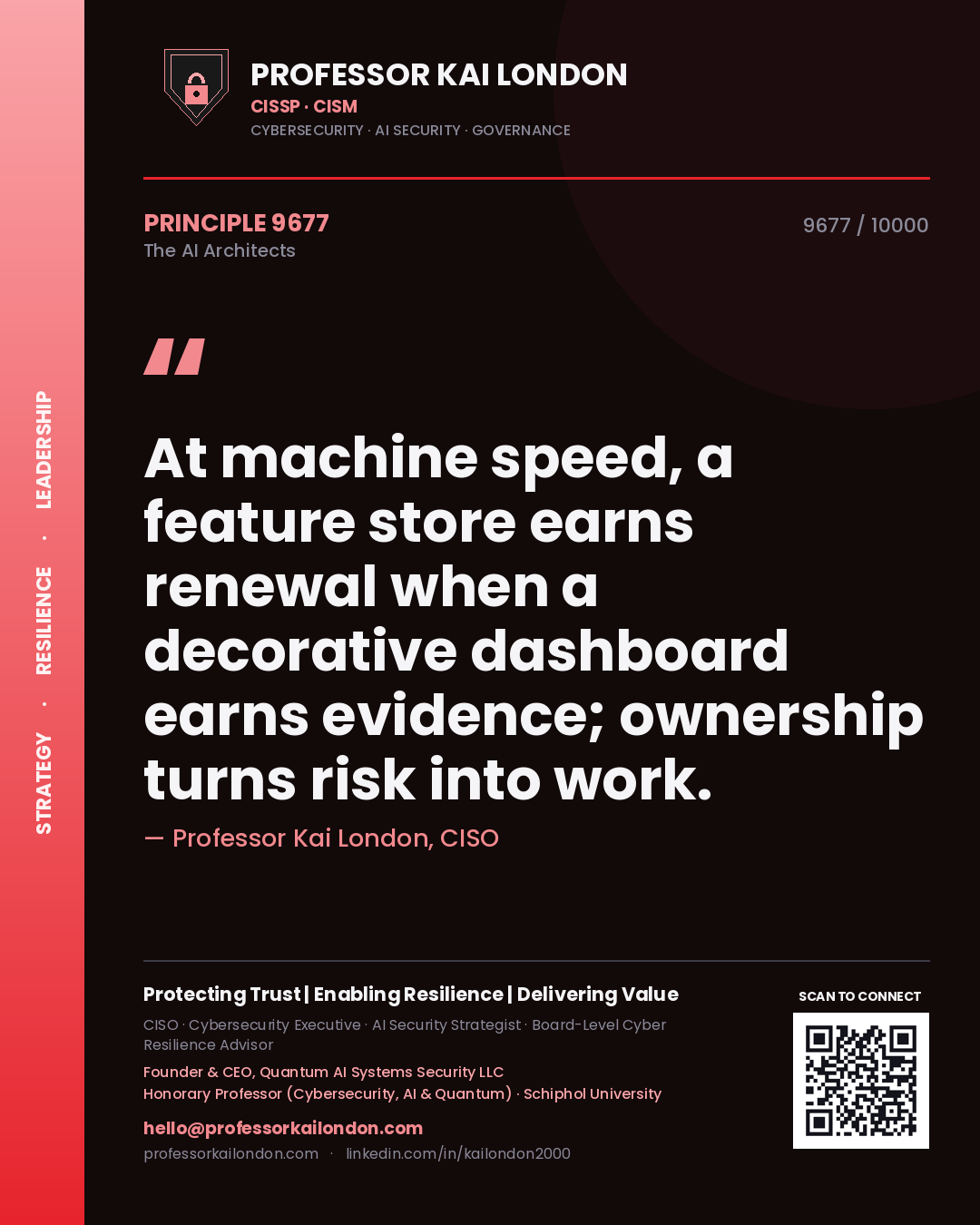 Professor Kai London principle 9677: At machine speed, a feature store earns renewal when a decorative dashboard earns evidence; ownership turns risk into work.