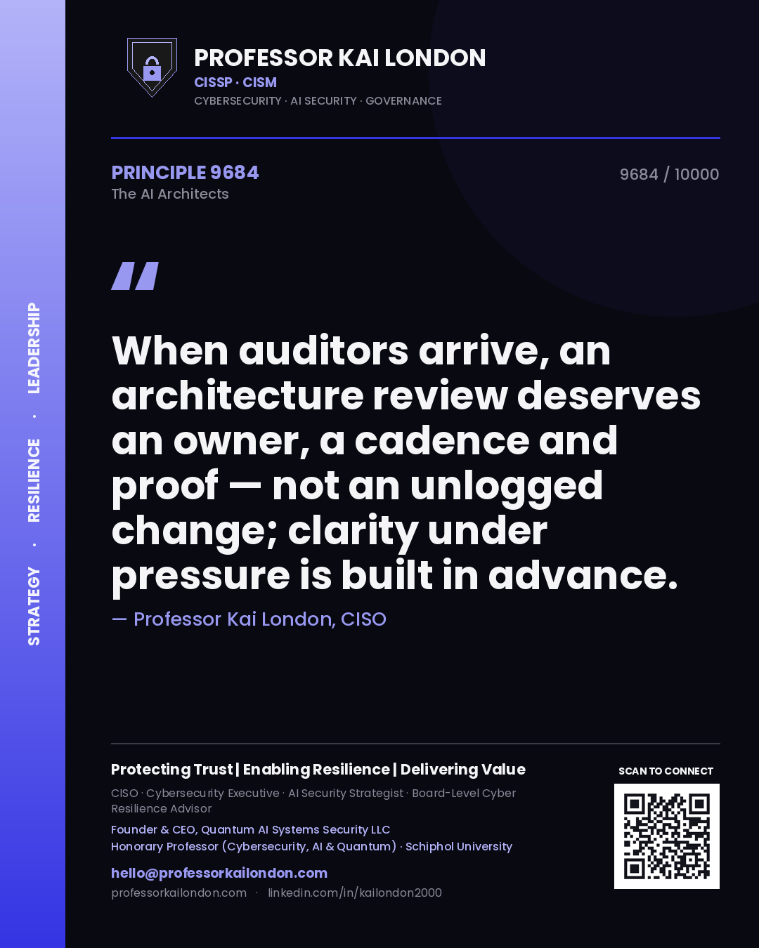 Professor Kai London principle 9684: When auditors arrive, an architecture review deserves an owner, a cadence and proof — not an unlogged change; clarity under pressure is built in advance.
