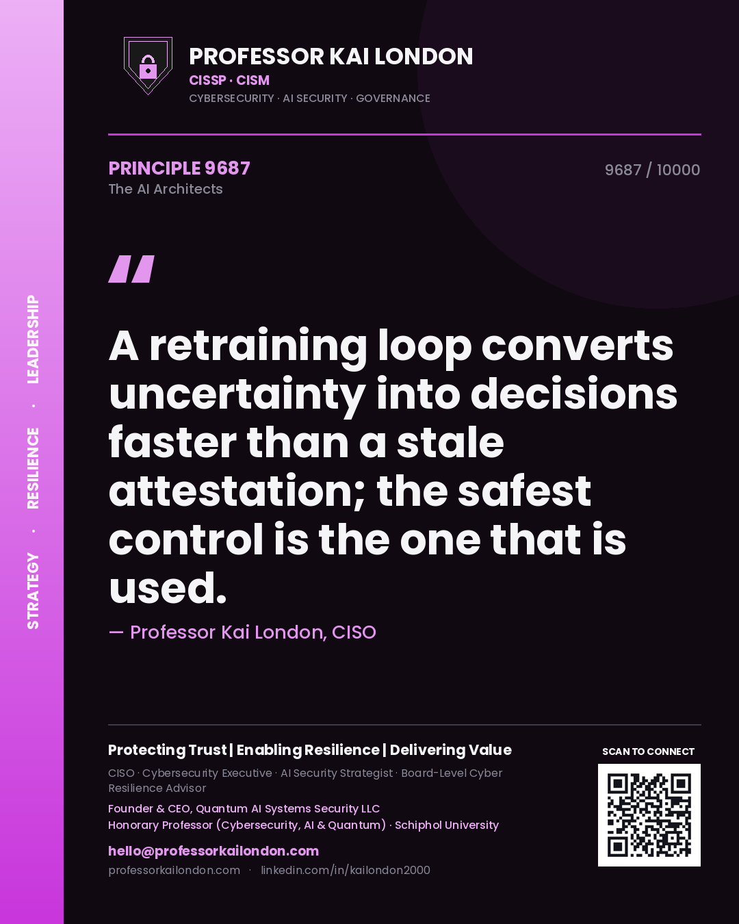 Quote card by Professor Kai London reading 'A retraining loop converts uncertainty into decisions faster than a stale attestation; the safest control is the one that is used.'. From the book The AI Architects.