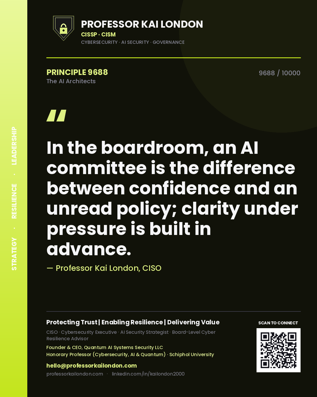 Quote card by Professor Kai London reading 'In the boardroom, an AI committee is the difference between confidence and an unread policy; clarity under pressure is built in advance.'. From the book The AI Architects.