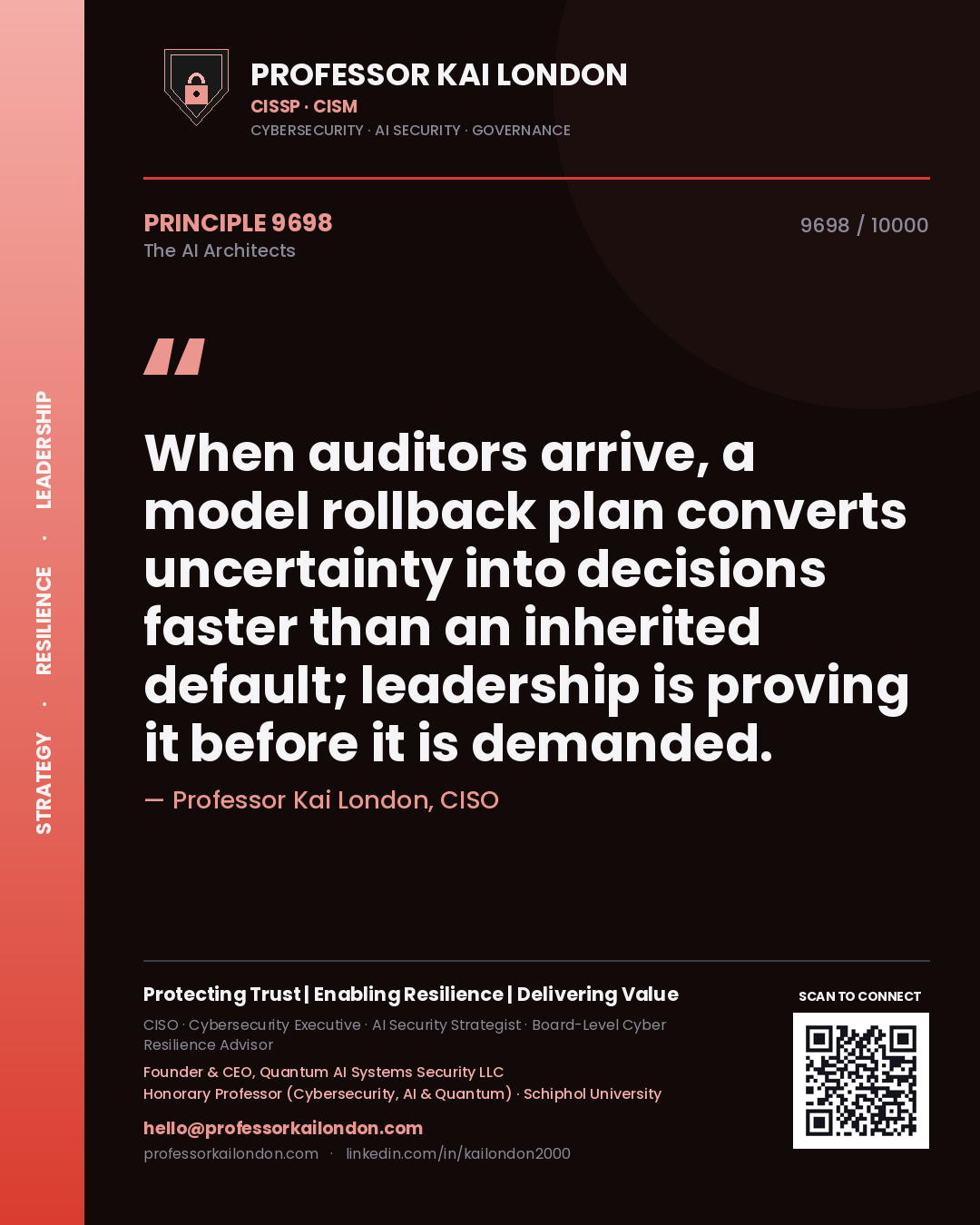 Professor Kai London principle 9698: When auditors arrive, a model rollback plan converts uncertainty into decisions faster than an inherited default; leadership is proving it before it is demanded.