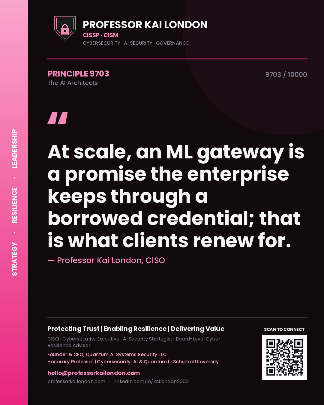 Quote card by Professor Kai London reading 'At scale, an ML gateway is a promise the enterprise keeps through a borrowed credential; that is what clients renew for.'. From the book The AI Architects.