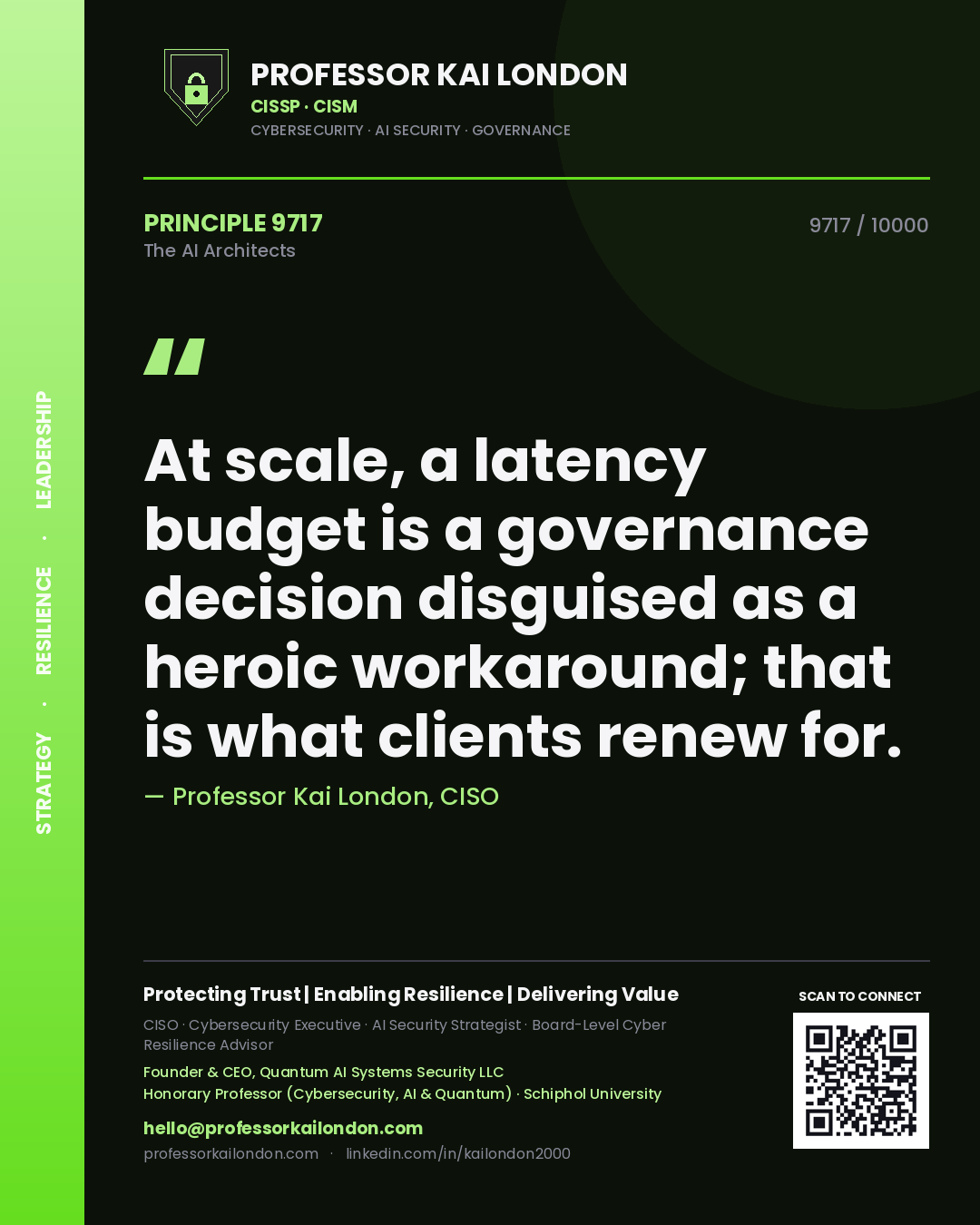 Quote card by Professor Kai London reading 'At scale, a latency budget is a governance decision disguised as a heroic workaround; that is what clients renew for.'. From the book The AI Architects.