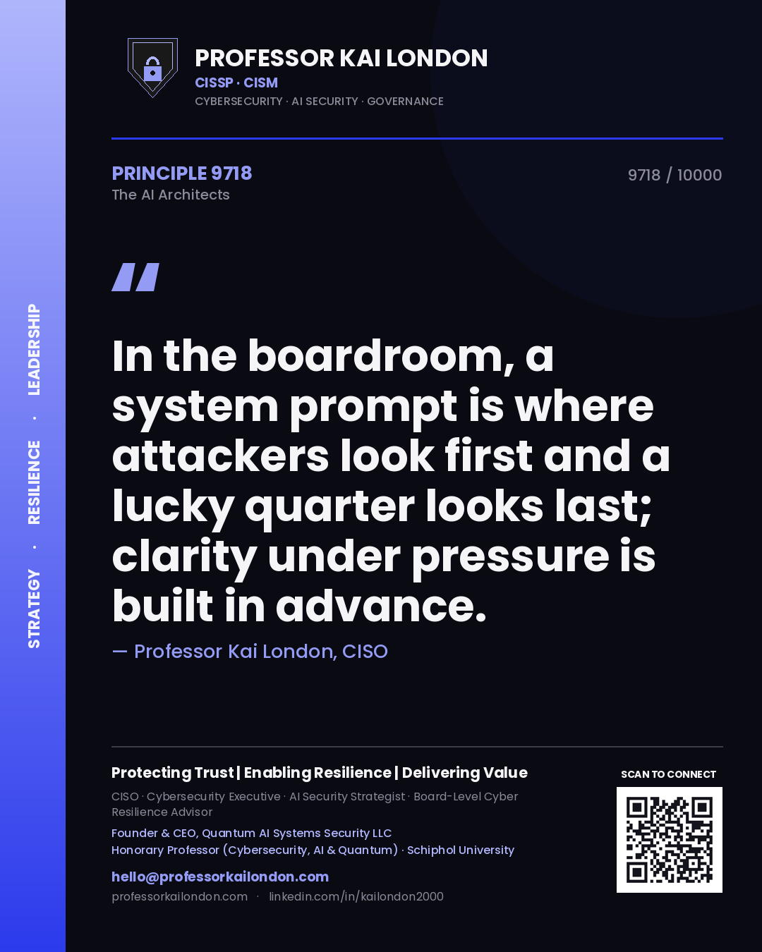 Quote card by Professor Kai London reading 'In the boardroom, a system prompt is where attackers look first and a lucky quarter looks last; clarity under pressure is built in advance.'. From the book The AI Architects.