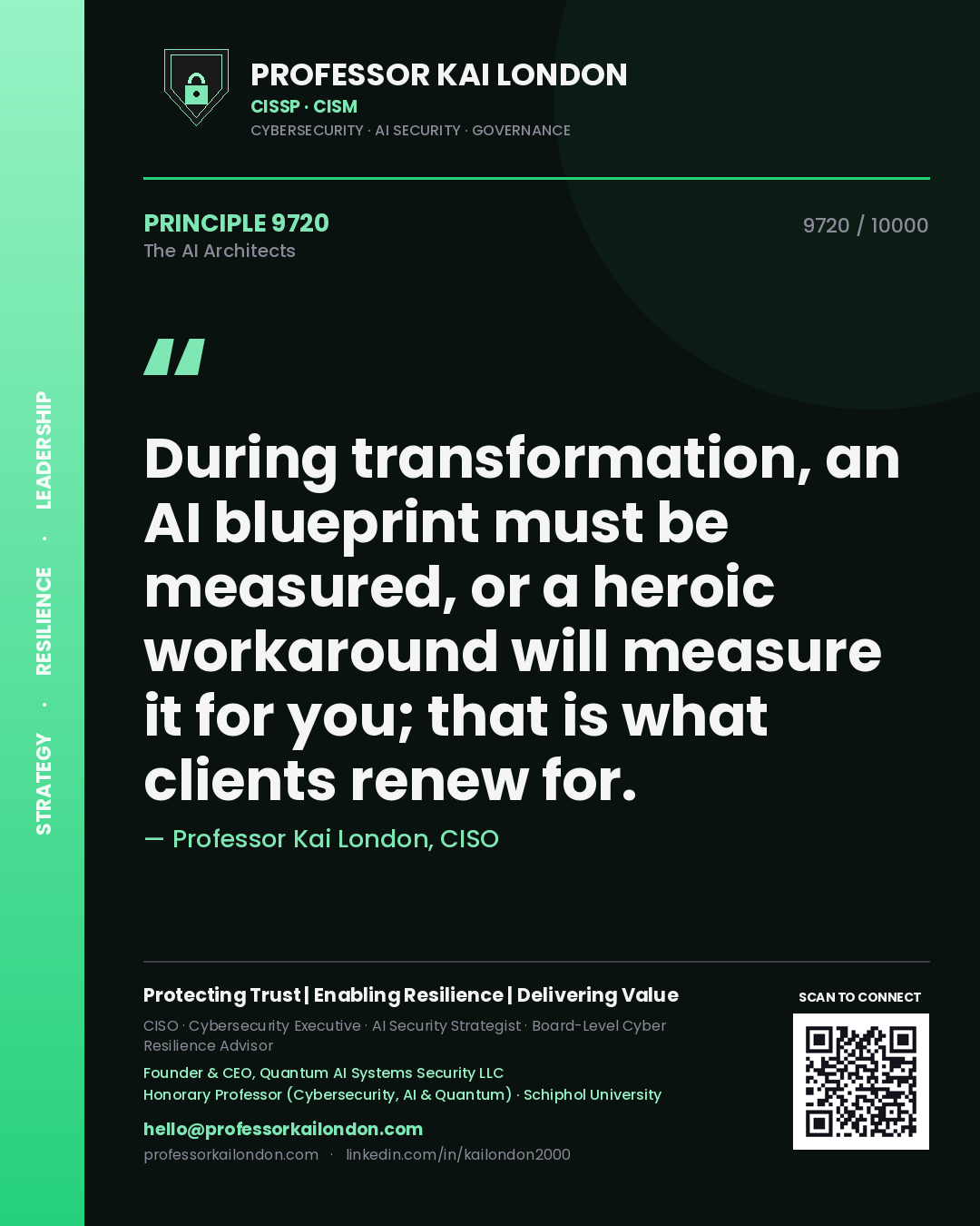 Quote card by Professor Kai London reading 'During transformation, an AI blueprint must be measured, or a heroic workaround will measure it for you; that is what clients renew for.'. From the book The AI Architects.