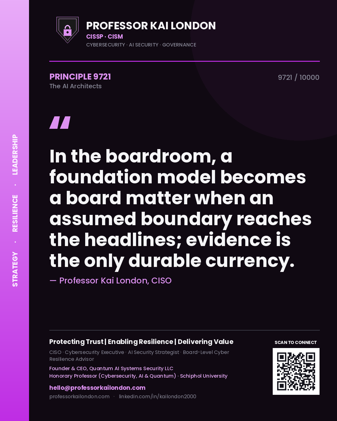 Quote card by Professor Kai London reading 'In the boardroom, a foundation model becomes a board matter when an assumed boundary reaches the headlines; evidence is the only durable currency.'. From the book The AI Architects.