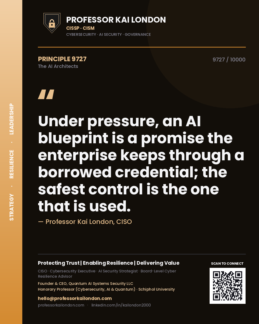 Quote card by Professor Kai London reading 'Under pressure, an AI blueprint is a promise the enterprise keeps through a borrowed credential; the safest control is the one that is used.'. From the book The AI Architects.