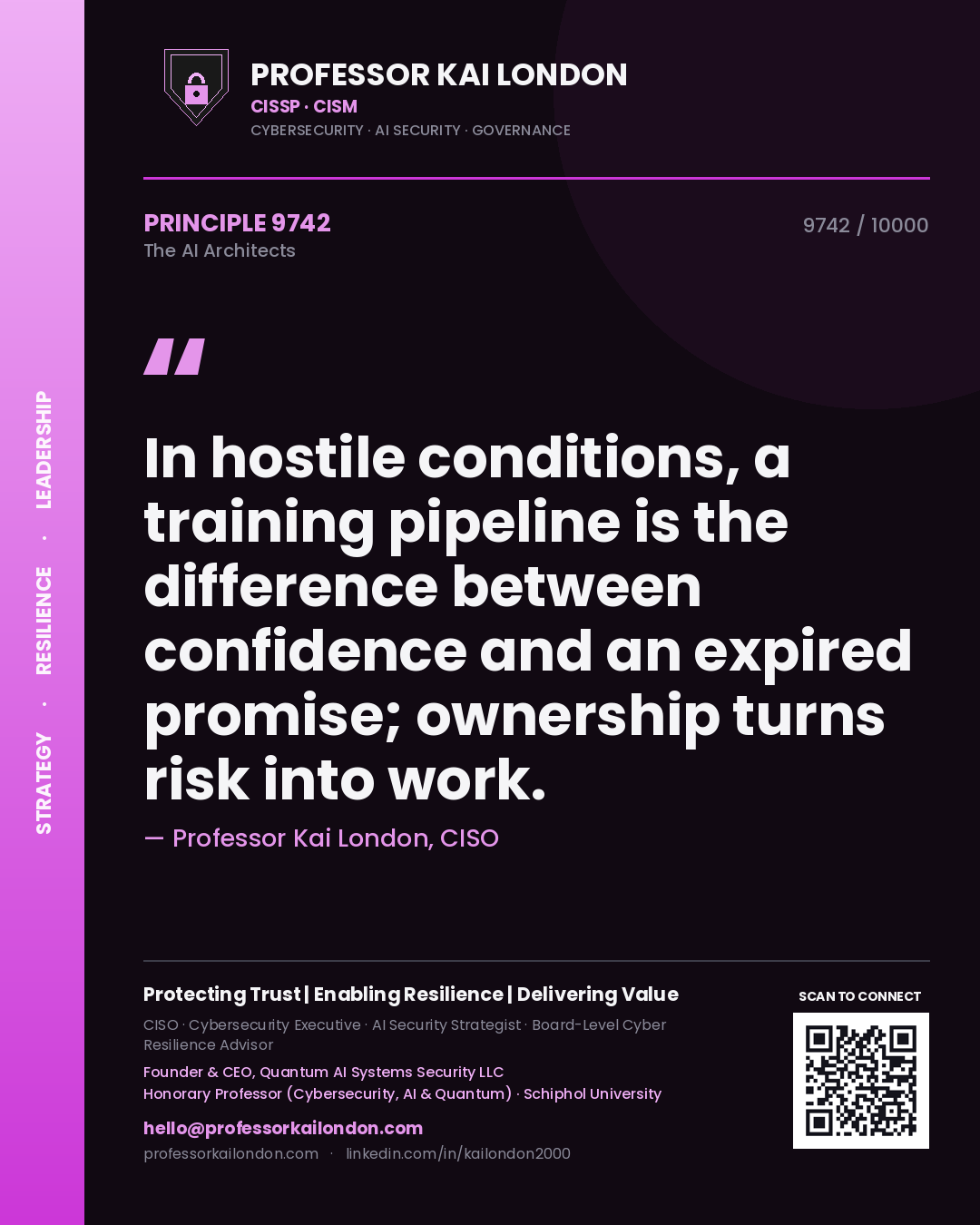 Quote card by Professor Kai London reading 'In hostile conditions, a training pipeline is the difference between confidence and an expired promise; ownership turns risk into work.'. From the book The AI Architects.