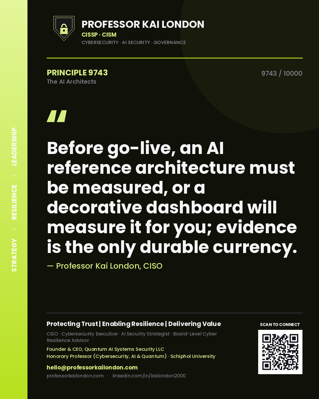Quote card by Professor Kai London reading 'Before go-live, an AI reference architecture must be measured, or a decorative dashboard will measure it for you; evidence is the only durable currency.'. From the book The AI Architects.
