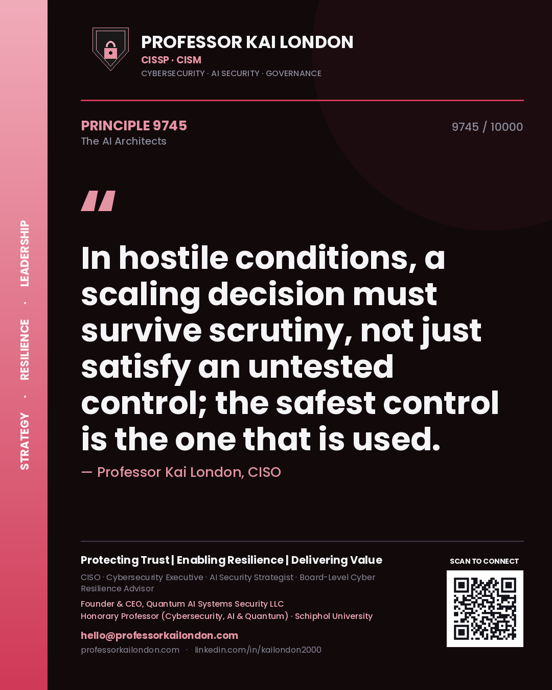 Quote card by Professor Kai London reading 'In hostile conditions, a scaling decision must survive scrutiny, not just satisfy an untested control; the safest control is the one that is used.'. From the book The AI Architects.