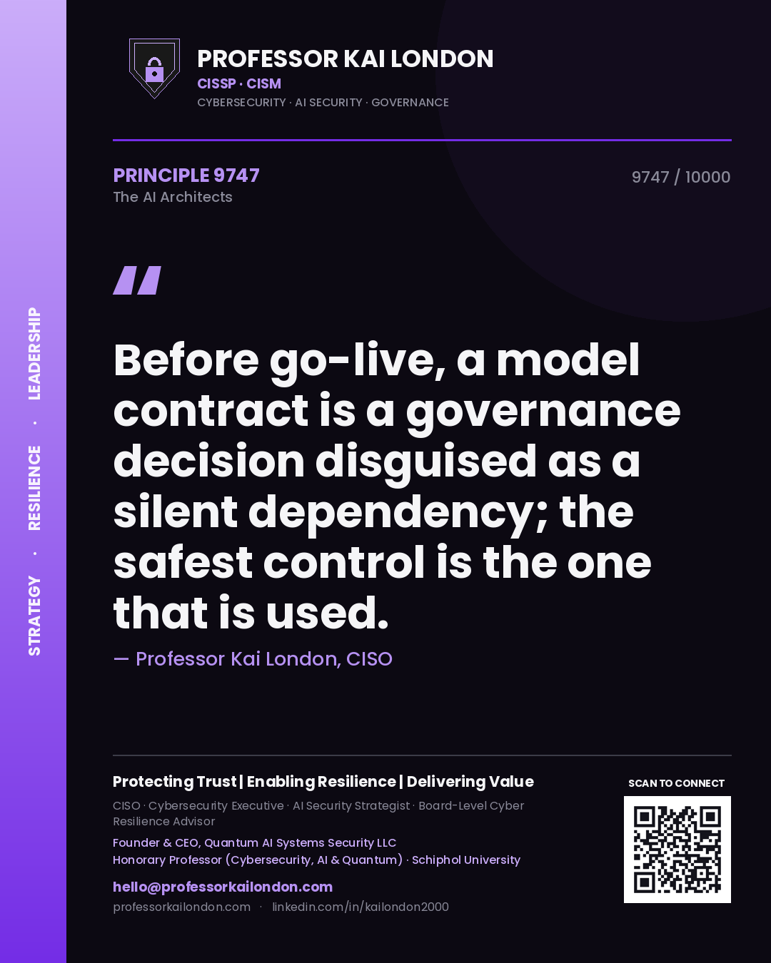 Quote card by Professor Kai London reading 'Before go-live, a model contract is a governance decision disguised as a silent dependency; the safest control is the one that is used.'. From the book The AI Architects.